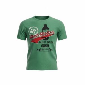 Red Stripe Lager Beer Embroidered Graphic Tee Green Mens Large